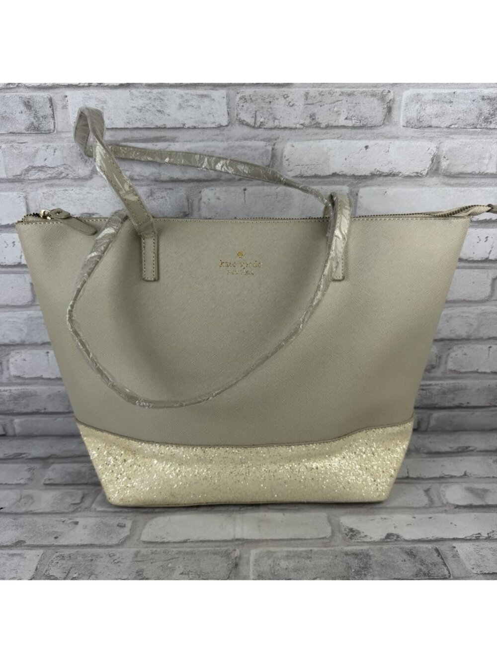 Kate Spade New York Beige/White Glitter Double Handle Purse Tote NEW
